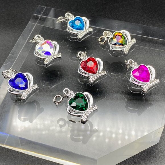 Jeweled Heart Rhinestone Crown Charm on Silver - Picture 1 of 10